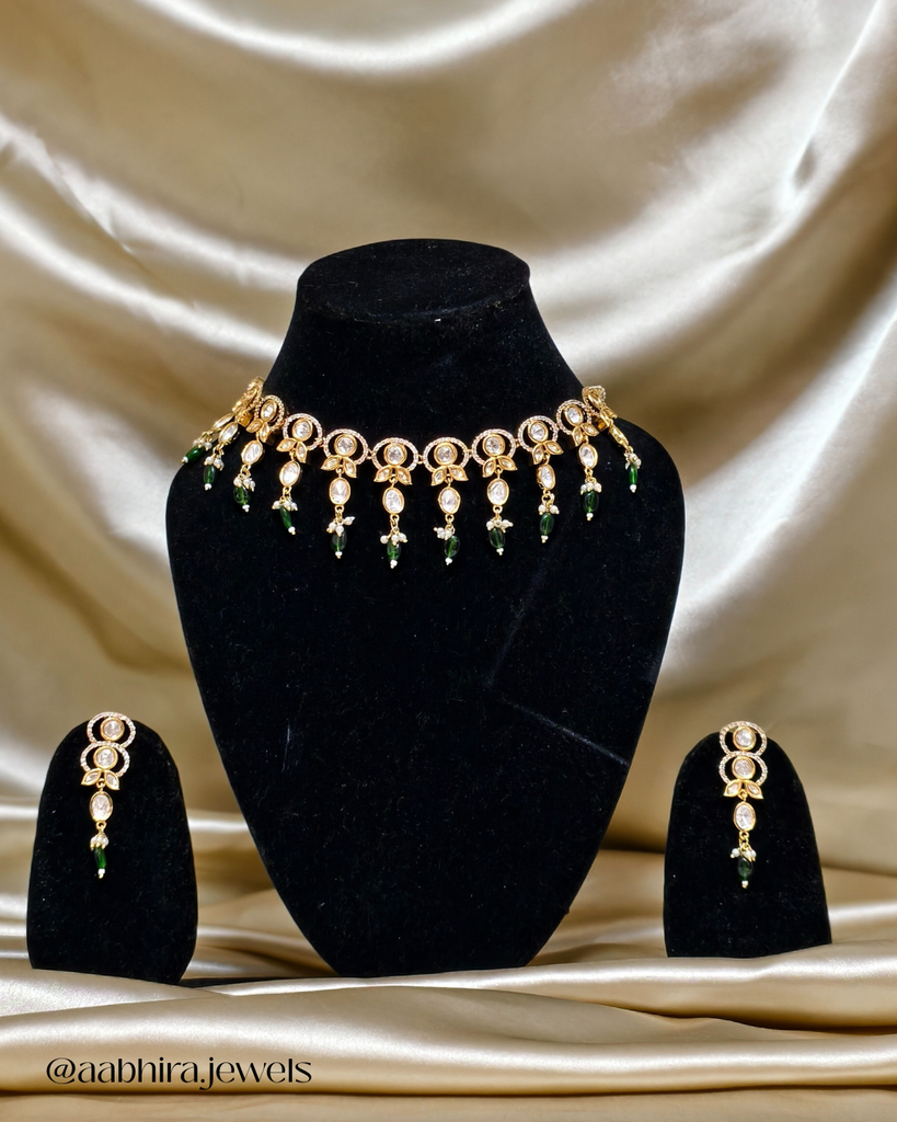 Ishira Polki Green Drop Necklace Set