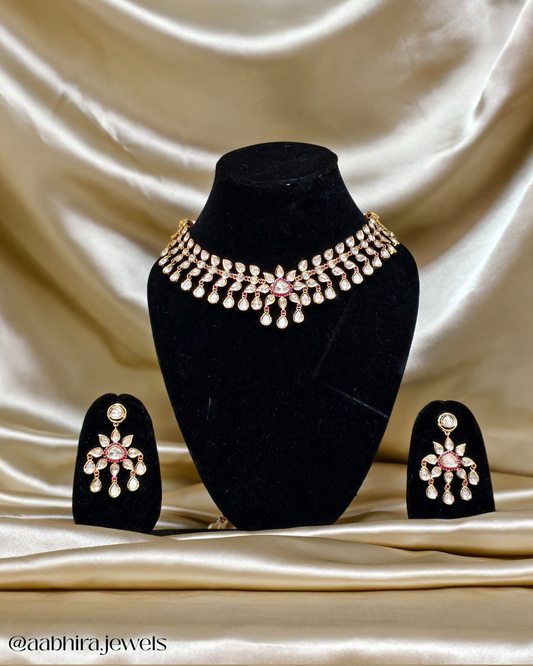 Meera Luxe Polki Choker Set - Ruby pink