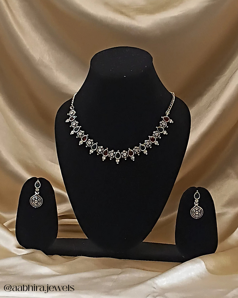 Ranjini Oxidised set - Pink & Green stone